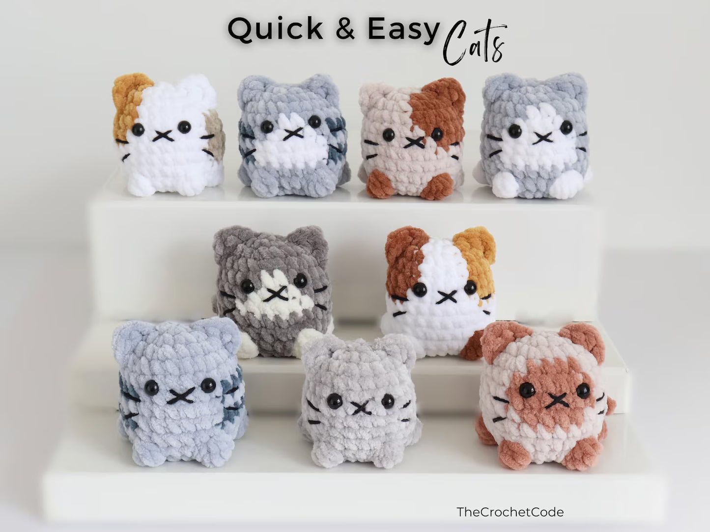 Cute Cat Crochet Pattern No Sew Amigurumi Plush - 9 Beginner Variations, Instant Download PDF