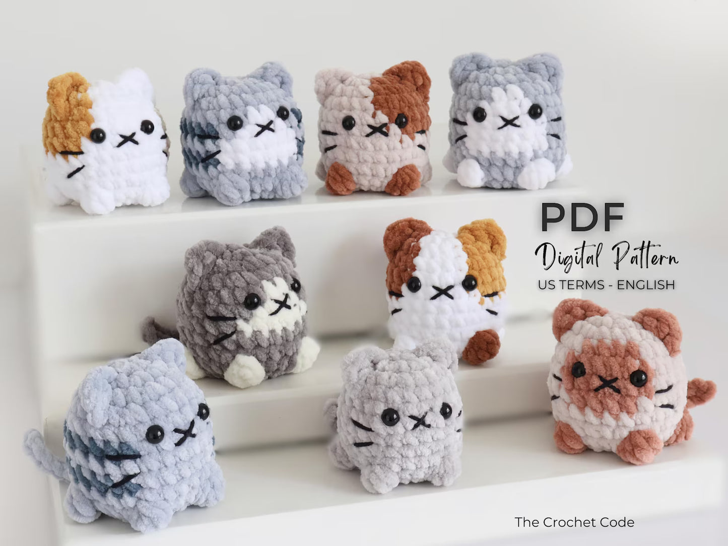 Cute Cat Crochet Pattern No Sew Amigurumi Plush - 9 Beginner Variations, Instant Download PDF
