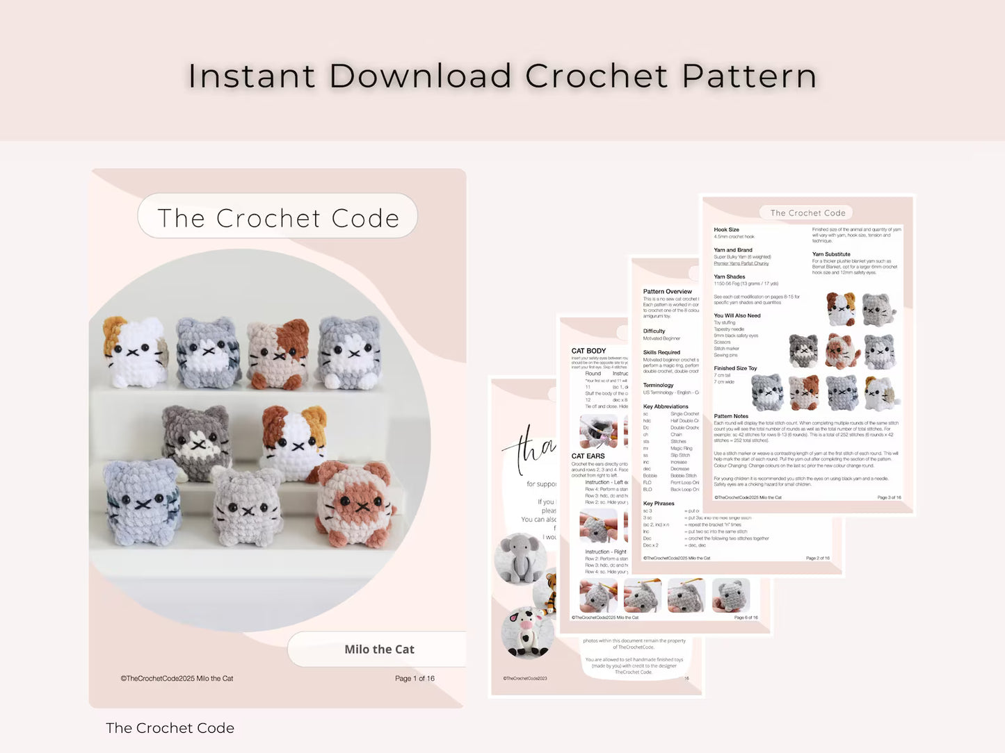 Cute Cat Crochet Pattern No Sew Amigurumi Plush - 9 Beginner Variations, Instant Download PDF