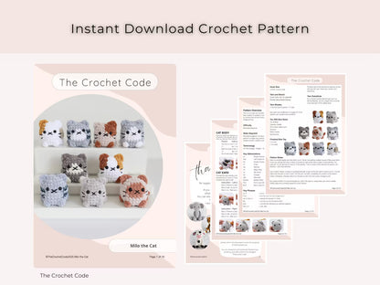 Cute Cat Crochet Pattern No Sew Amigurumi Plush - 9 Beginner Variations, Instant Download PDF