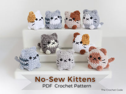 Cute Cat Crochet Pattern No Sew Amigurumi Plush - 9 Beginner Variations, Instant Download PDF